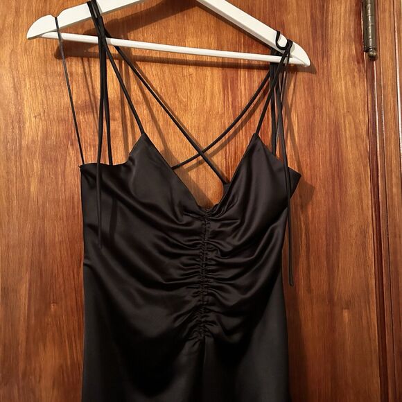 Jason Wu Dress Black Satin Midi Women's Small Ruched Silky Slip Strappy Back Tie - Picture 4 of 11